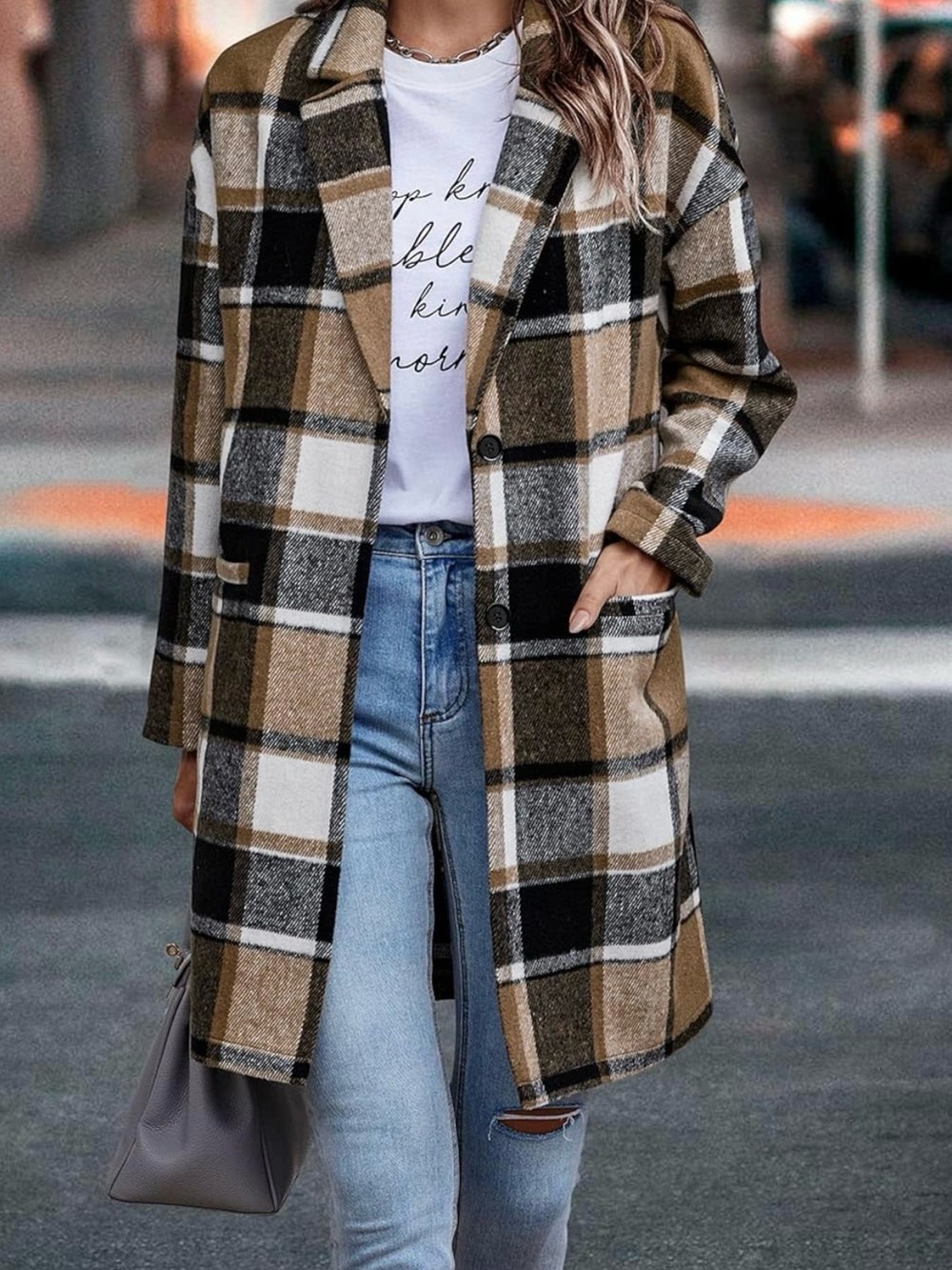 Women’s Plaid Shacket in Tan, Black & White